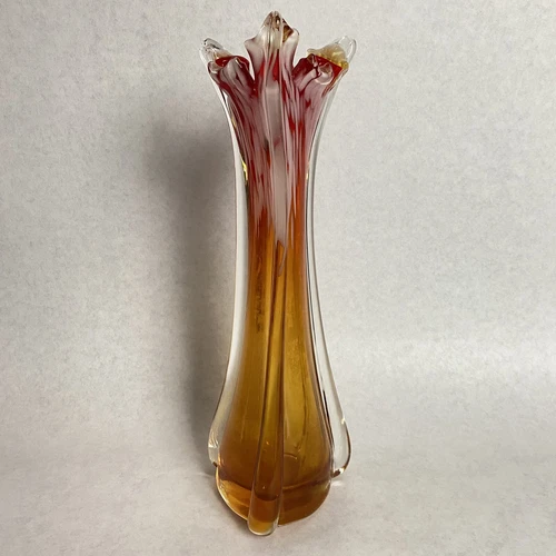 Vtg Murano Amberina Swung Stretch Glass Vase Large Orange 12.5” RARE HTF