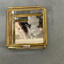 Vintage Glass Brass Mirrored Small Jewelry Trinket Box Square with Flower
