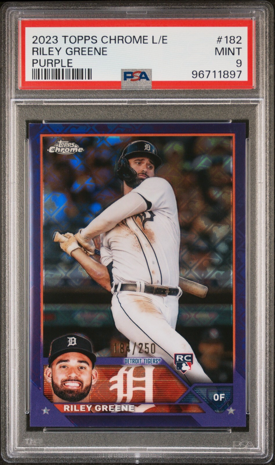 PSA 9 - 2023 Topps Chrome Logofractor RILEY GREENE RC Purple Refractor 184/250