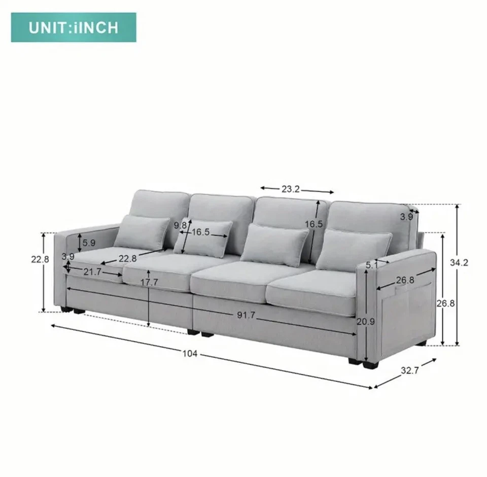 Sofá moderno de tela de lino de 104" de 4 plazas con bolsillos con reposabrazos y 4 almohadas Foto 2 de 4