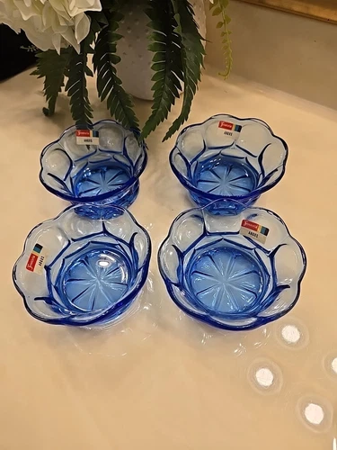 4 Fostoria Argus Blue Soup Fruit Dessert Cup Factory Seal Og &LABEL HFM Stamped
