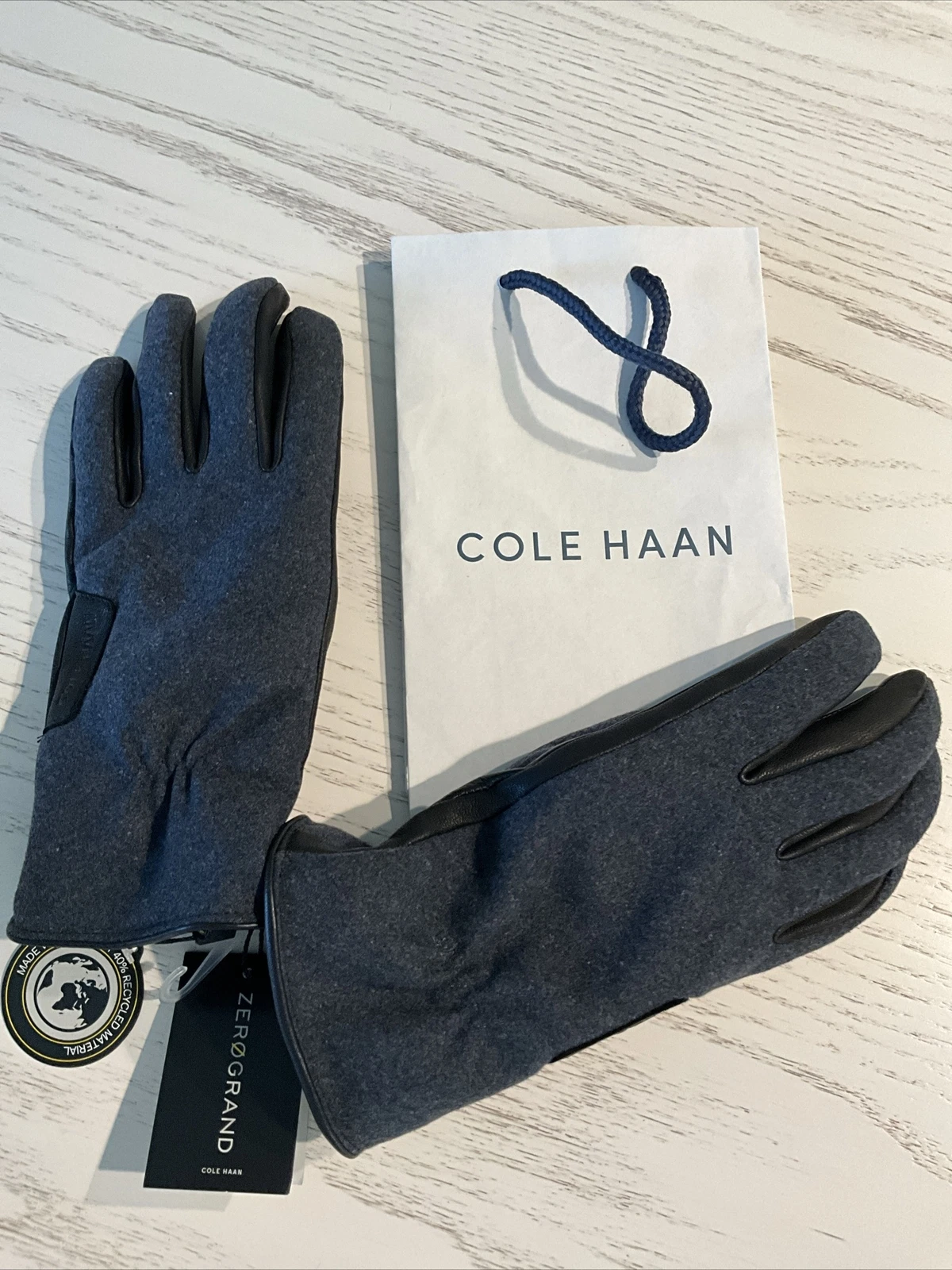 NEW! COLE HAAN ZEROGRAND WOOL BLEND Black LEATHER GRAY GLOVES, LG NWT Orig $98