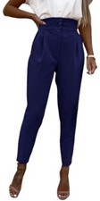 Women High Waisted Straight Leg Work Office Dress Pants Fold Pleated Trousers L