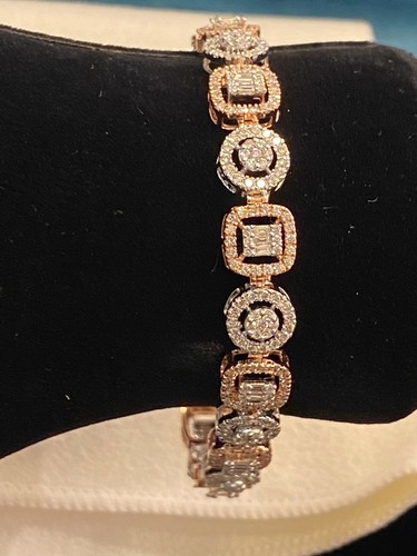 Pave 3.80 Cts Round Baguette Cut Diamonds Tennis Bracelet In 585 Solid 14K Gold - Picture 3 of 12
