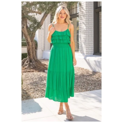 Emerald Green Rayon Gauze Ruffle Smocked Waist Sleeveless Midi Dress | eBay