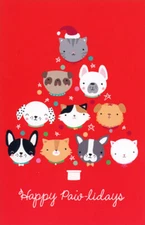 Happy Paw-lidays Tree  Cute Cat and Dog Faces Box of 12 Christmas Cards