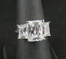 Ring Silver 3 Stone Rectangle Cubic Zirconia Stones Sterling 925 Band Size 7