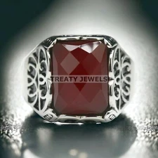 Garnet Emerald Cut Gemstone With 925 Sterling Silver Ring For Men's #662 *
