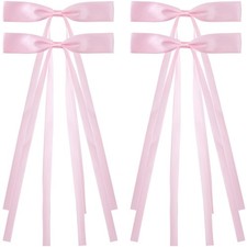 4 PCS Large Bows Hair Clip Long Tail Barrette Non-Slip Satin Ribbon Pink Gift