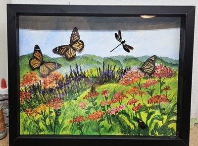 Original Acrylic Painting with Monarch Butterflies display in Custom Shadowbox 1