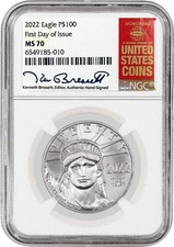 2022 $100 American Platinum Eagle 1 oz .9995 NGC MS70 FDOI Kenneth Bressett 2450.13 per troy oz