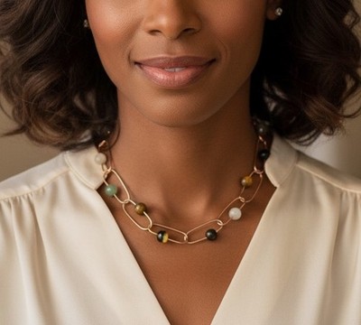 Handmade Copper & Gemstone Link Choker Necklace - 18 