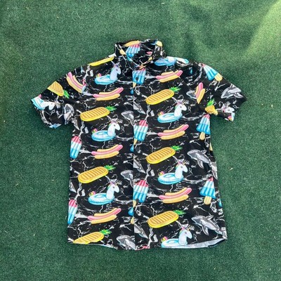 NEFF Shirt Men Large Black Pool Party Float Ice Cream Hawaiian 100% Cotton