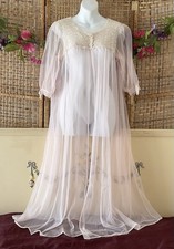 Vintage Sears NOS Pink Sheer Nylon Chiffon Robe With Lace And Ribbon Sz L