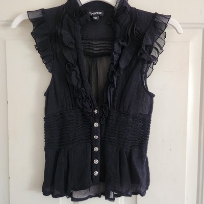 Bebe VNTG 100% Silk Top Blouse WMNS S Black Ruffles Plunge Neck EUC Sexy Y2K Hot