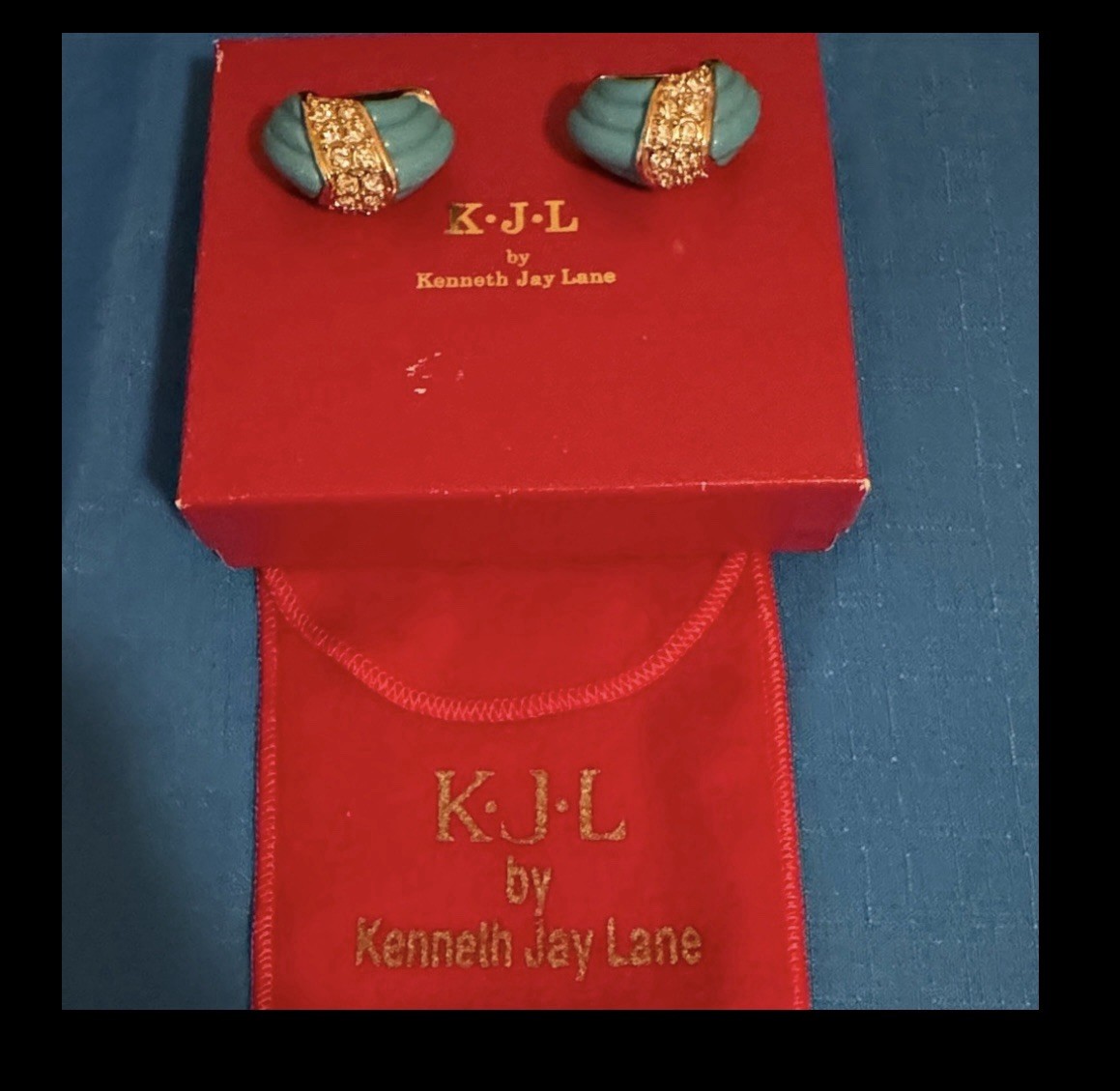 Kenneth Jay Lane Gold Tone Rhinestone & Blue Faux… - image 2