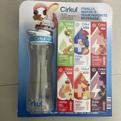 Cirkul 22Oz Plastic Water Bottle Starter Kit With Blue Lid + 6 Flavor Cartridges