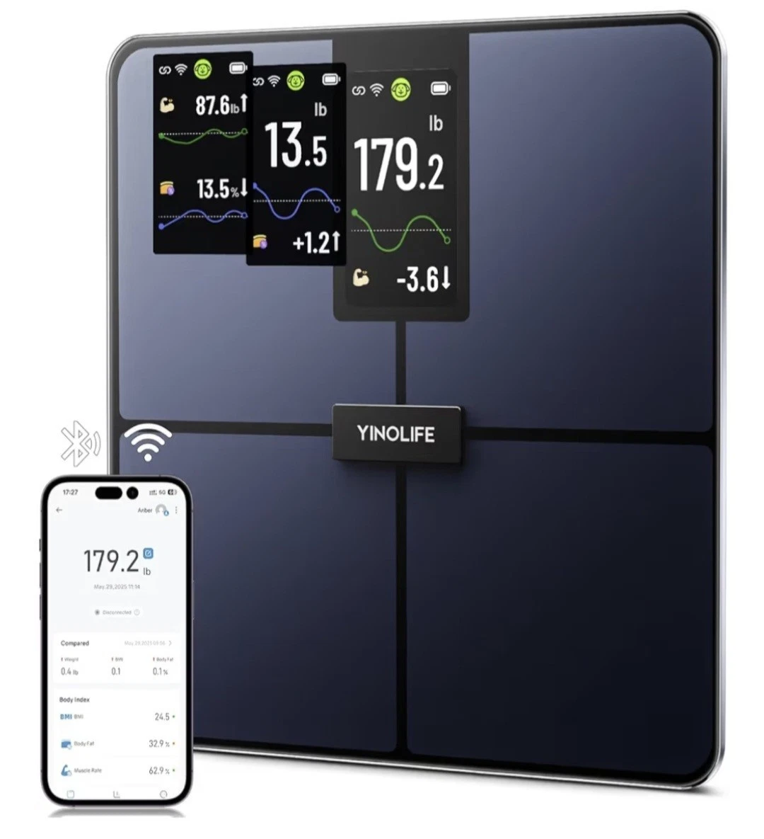 YINOLIFE Smart 11.8in Digital Scale for Body Weight, 4.3" Color Display Blk NEW