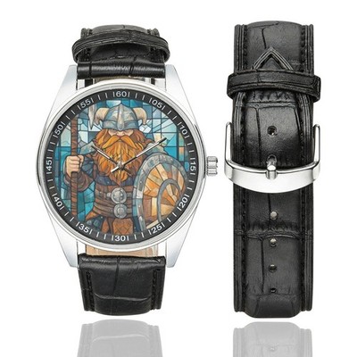 Buntglas Zwerg Krieger Uhr mit schwarzem Lederband für Erwachsene