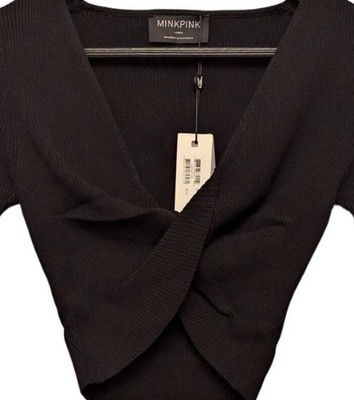 MINKPINK NWT Laur Criss Cross Top Black Cropped Woven Long Sleeve Sz Large