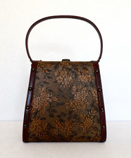Floral Embossed Leather Rectangular Jewelry Box w/ Handle, Lined Brown/Burgundy