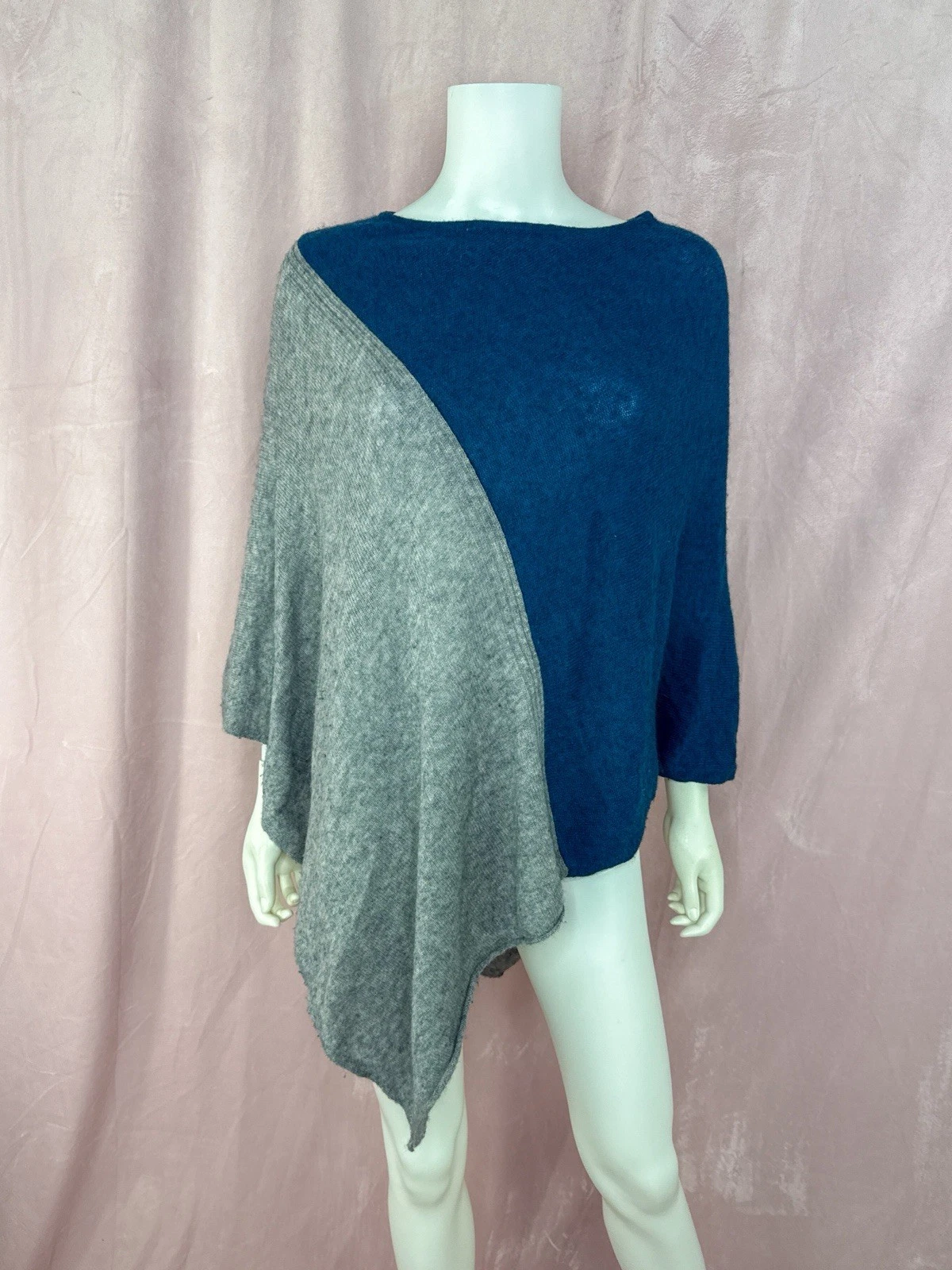 Celeste Womens Blue Gray Wool Cashmere Sweater Poncho Colorblock One Size