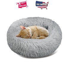 Cat Bed for Small Kittens Medium 17in Donut Washable Plush Anti-Slip Indoor Grey