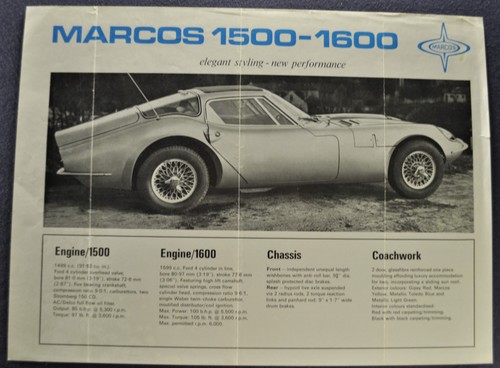1967-1968 Marcos 1500GT 1600 Coupe Brochure Sheet British Ford Original