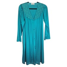 Vintage 80s Vanity Fair Nylon Button Up Nightgown House Dress S Pockets Teal