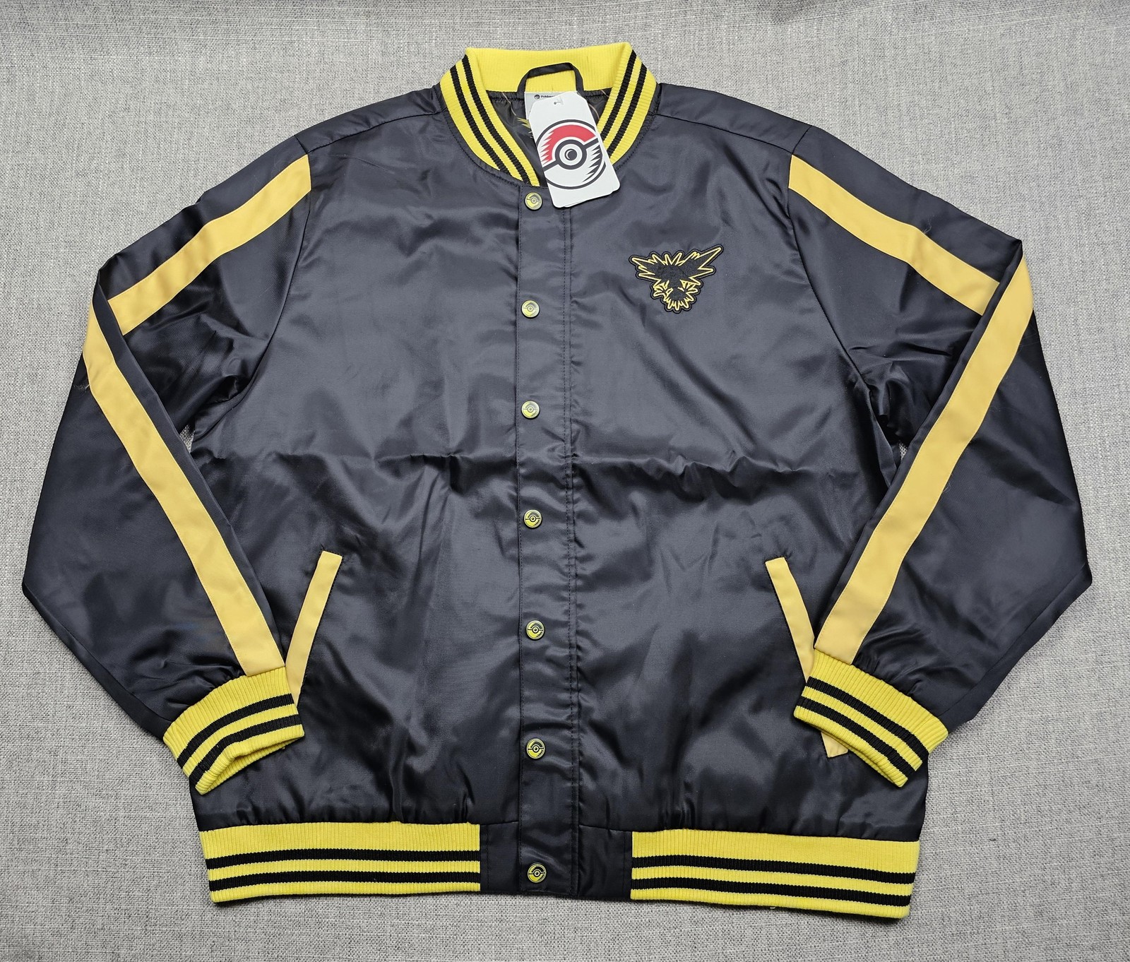 Pokemon Center Jacket Mens Large Black Zapdos Varsity Satin Lined Embroidered - second product detail image