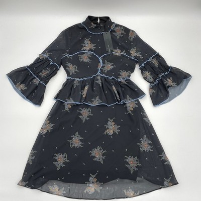 New LOST INK Patterned Ruffle Bell Sleeve Chiffon Dress Womens Sz XXS