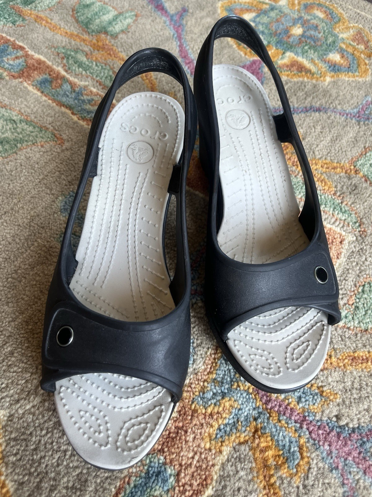 Crocs Havana Black Wedge Peep Toe Sandals Women Size 10-image