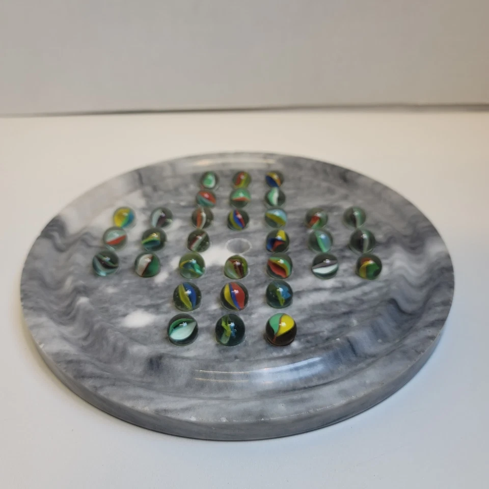 Marble Solitaire Board Game Gray Stone w/ 33 Glass Swirl Marbles Vintage Style - Image 2 of 4