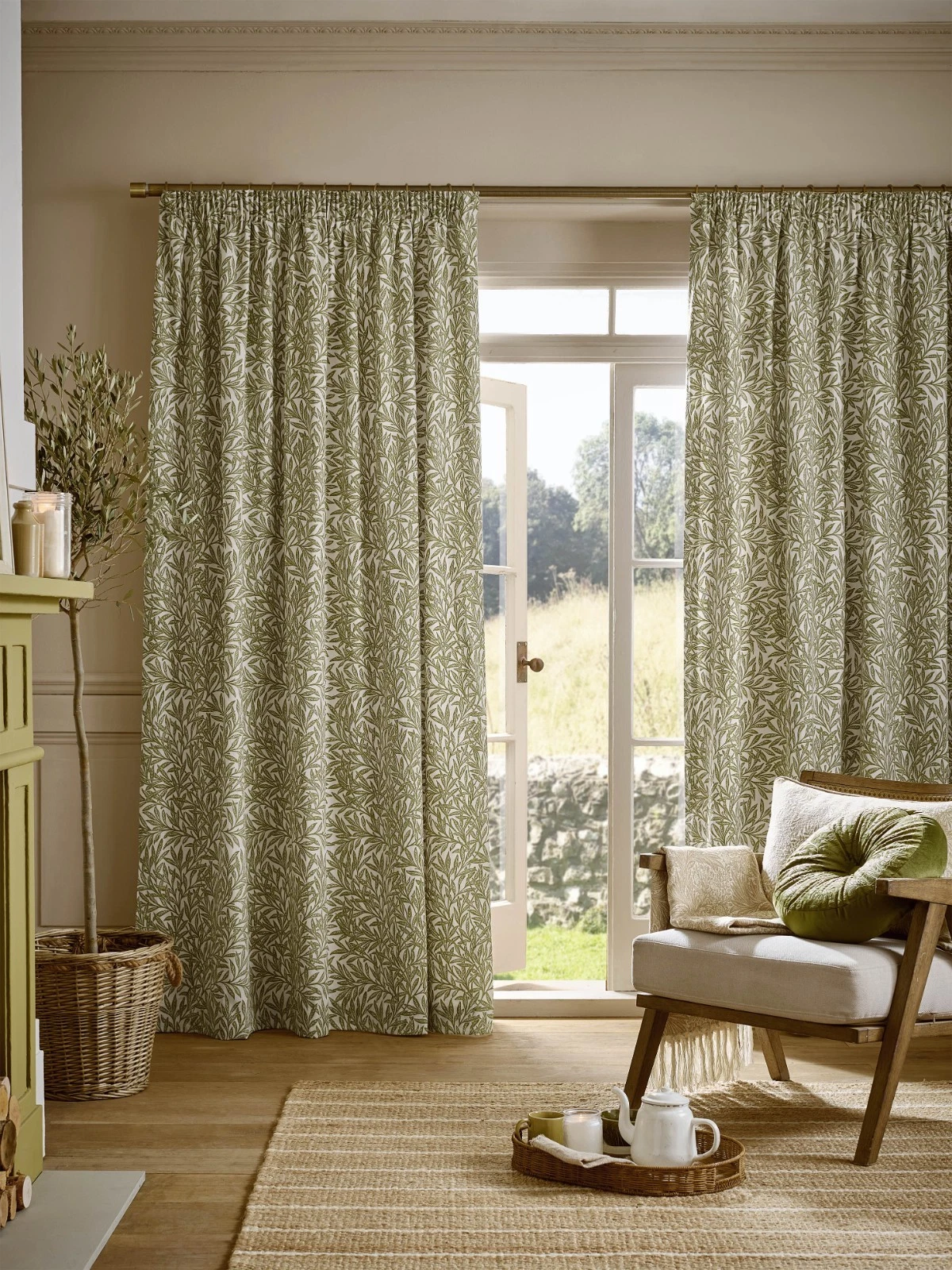 William Morris At Home Original Willow Pencil Pleat Lined Curtains - Olive-Green