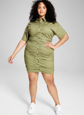 And Now This Womens Trendy Plus Size Ruched Shirtdress - Olive Green - 2X