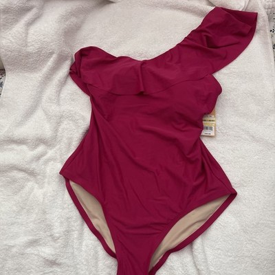 Kona Sol L Women's Ruffle One Shoulder One Piece Slimming Swimsuit Pink  -# 223