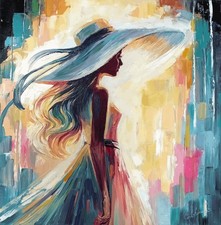 Oil Painting Woman with Hat Dress Summer Portrait 50x50cm - E. Gritchina Certificate