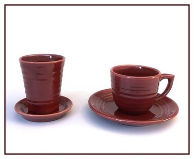 J A BAUER POTTERY  Ring #59 Cup & Saucer + #26 Tumbler & Saucer, Burgundy Glaze
