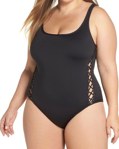 La Blanca Damen Badeanzug Übergröße schwarz Schnürung seitlich Bauchkontrolle Einteiler  - Bild 1 von 11