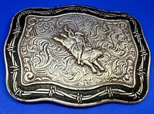 Rodeo Cowboy Bull Rider Swirl Ornate Barbwire Border Crumrine Vtg. Belt Buckle