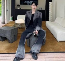 Mens Autumn Fashion Lapel Long Sleeve Loose Denim Suit Coats Casual Trousers 2PC