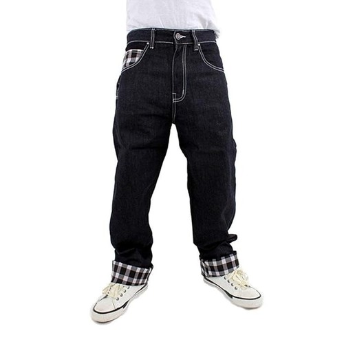 Dirty Money denim jeans, white Scottish check baggy pants, loose fit turn up - Picture 5 of 5