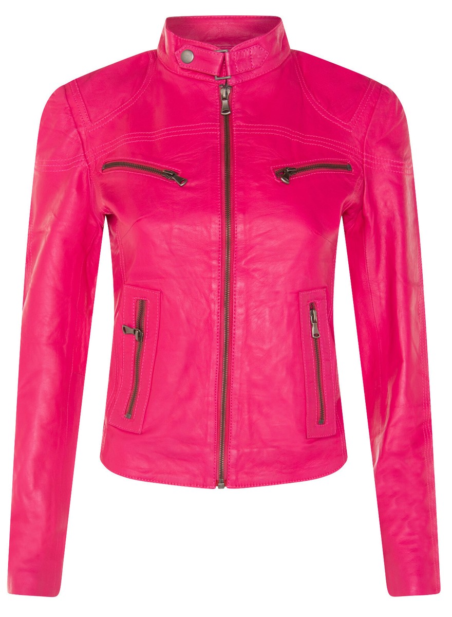 Ladies Leather Jacket Classic Biker Pink Real Leather Womens Slim