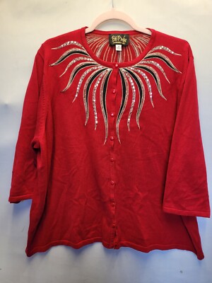 Bob Markie Wearable Art Womens Plus Size 3X Red Knit Button Up Cardigan 2508
