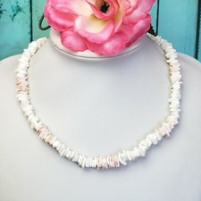 White  Blush Pink Nugget Puka Shell Necklace 17" Hawaii Surfer Beach Boho