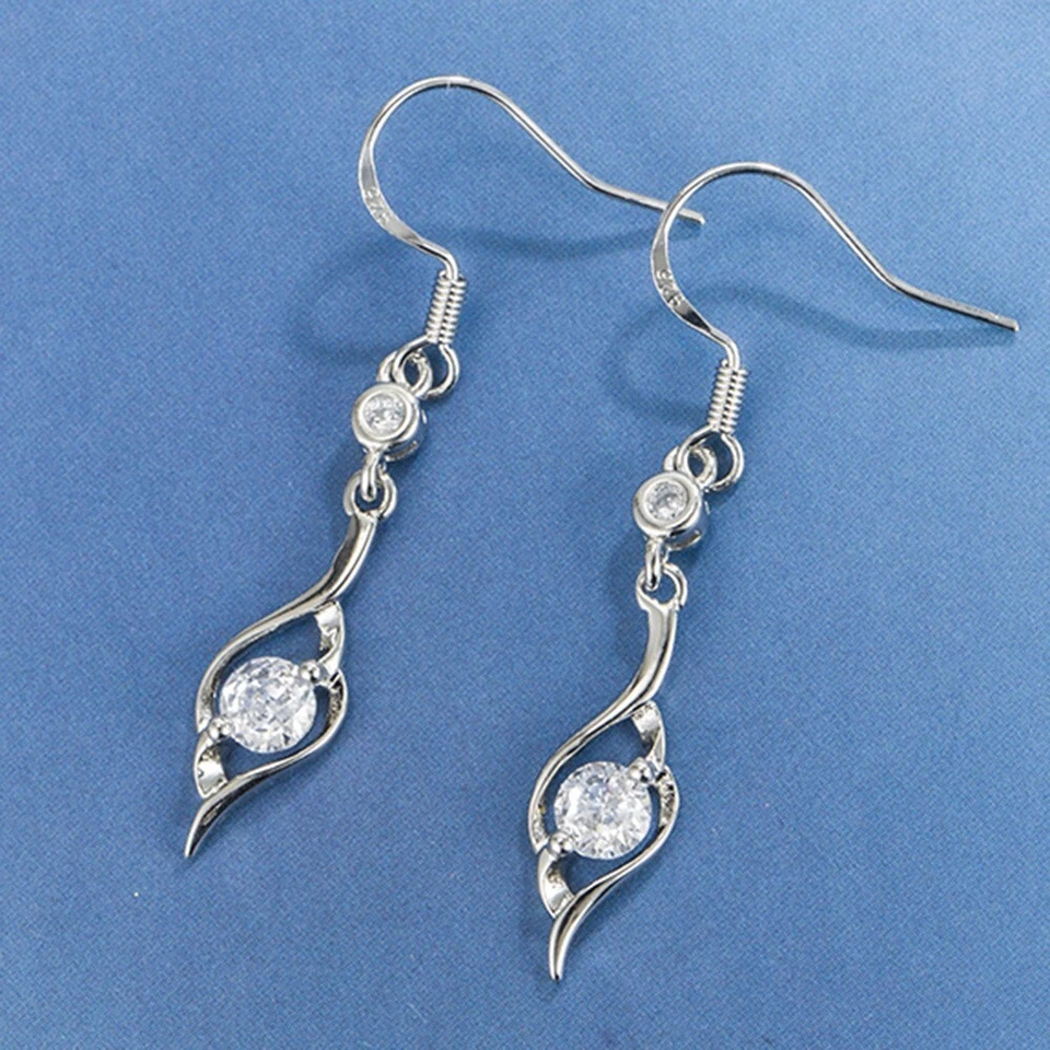 925 Sterling Silver Wing Twist CZ Drop Dangle Hook Earrings Women Girl Gift UK - Image 3 of 4