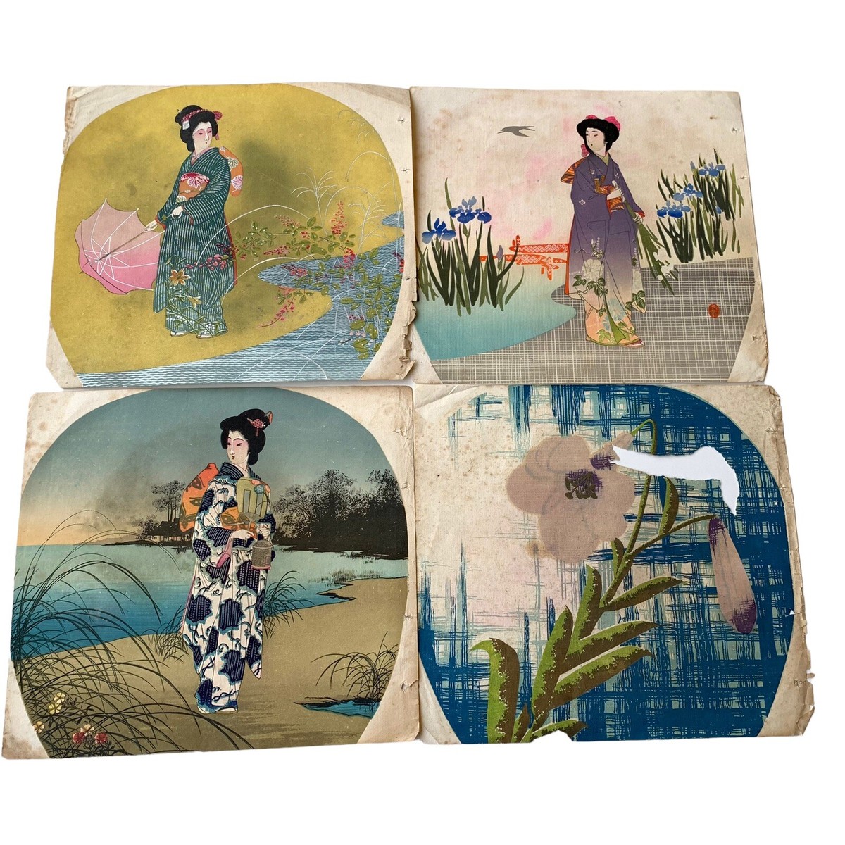 Antique Japanese Ukiyo-e Woodblock 4 Prints For Uchiwa Paper Fan 