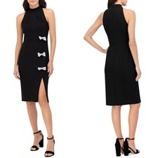 NEW Eliza J BLACK Rhinestone BOWS Sleeveless SIDE SLIT Cocktail SHEATH DRESS 12