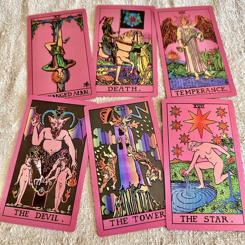 Pink Tarot 3"x5" Plastic Waterproof Tarot Deck Foil Tarot 78 Cards Guidebook Box - Picture 5 of 8
