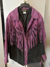 Vintage Bob Mackie Wearable Art Leather Fringe Suede Jacket Purple Black Xl